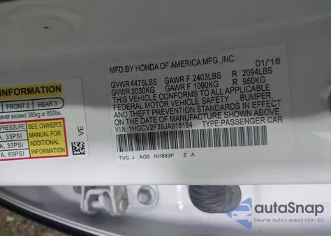 2018 Honda Accord Sport 2.0T из США, поврежденный, VIN 1HGCV2F39JA015184